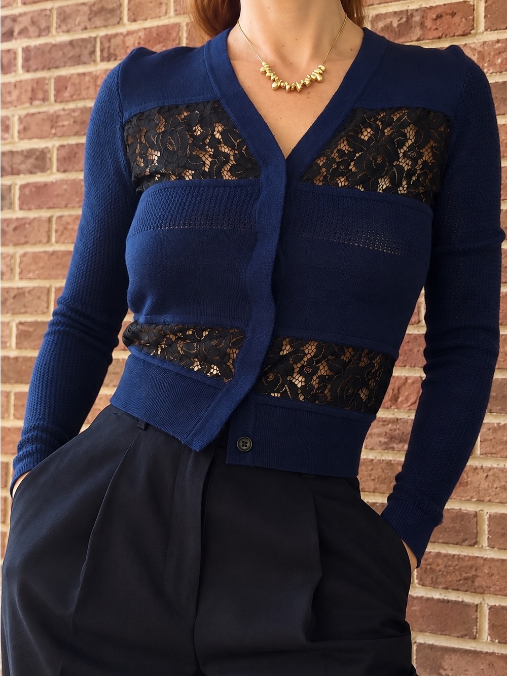 Diane Von Furstenberg Navy Lace-Panel V-Neck Cardigan